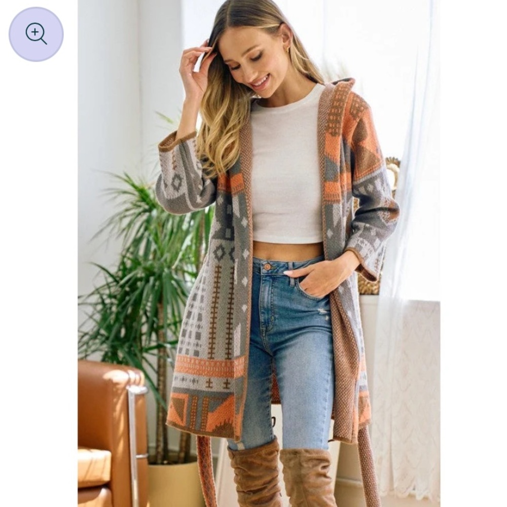 Northern Angel Grey & Orange Brown Aztec Southwestern Boho Hooded Cardigan M